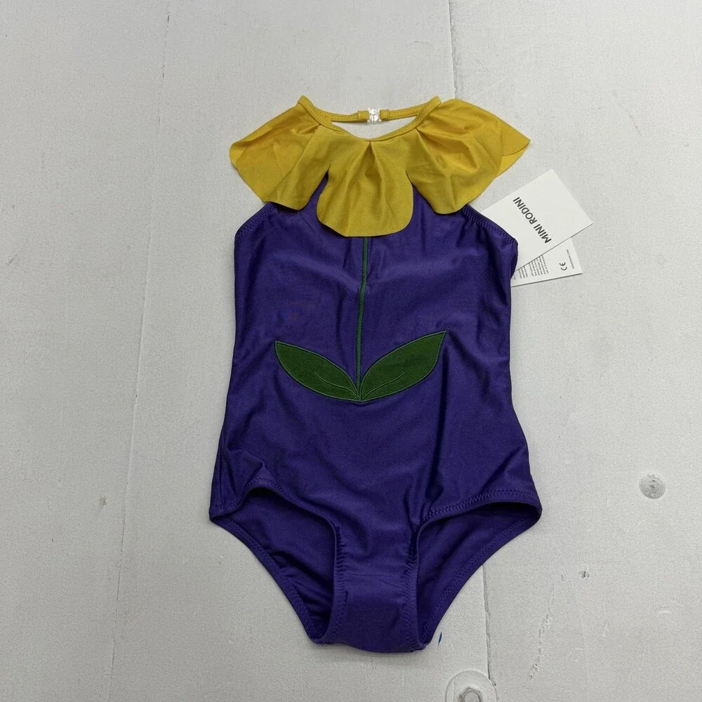 Mini Rodini Swimsuit Girls 6-7Y Purple Flower Halterneck One Piece NWT UPF 50+